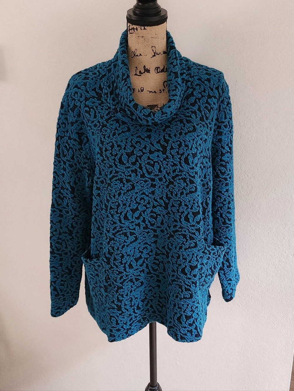 Komil Teal Vintage Texture Weave Cowl Neck Top Sz XL